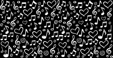 Music notes seamless pattern backdrop, Music note background, Seamless pattern texture design. Black and white music note pattern.  Horizontal posters, greeting cards, header, website. Vector