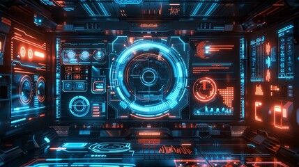 Obraz premium Sleek futuristic technology concept with holographic displays and interactive elements