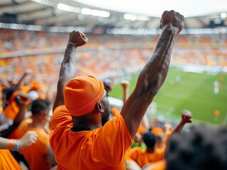 A passionate fan celebrates a goal at a vibrant stadium, showcasing team spirit and excitement in a sea of orange.