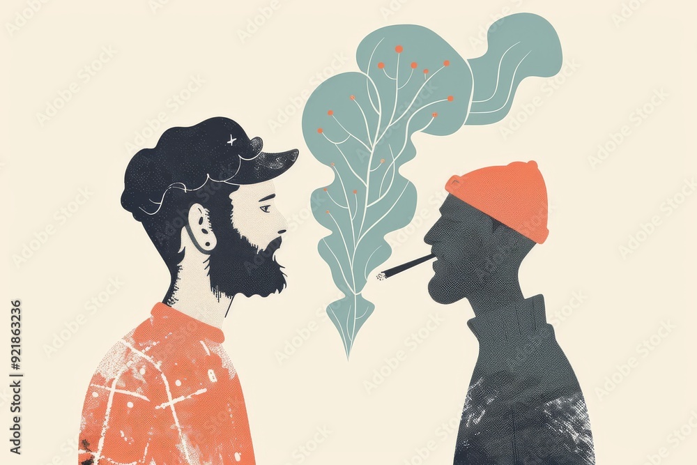 Poster abstract male and female profiles merging with colorful botanical elements representing growth and c