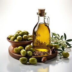 Olive Oil Bottle and Green Olives on Clean White Background