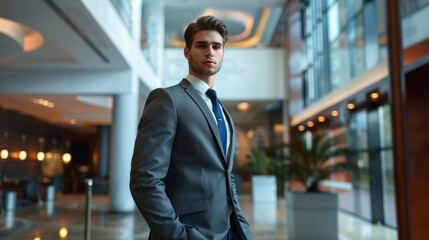 A Confident Young Businessman Stands In An Office Lobby, Ready To Take On Challenges