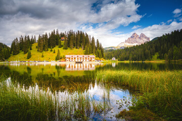 Fototapeta premium Popular high mountain lake Misurina in the Italian Alps. Location place Tre Cime di Lavaredo, Dolomite, South Tyrol, Italy, Europe.