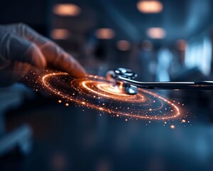 Obraz premium A hand reaching for a glowing stethoscope surrounded by a swirling galaxy of light, symbolizing innovation in healthcare.