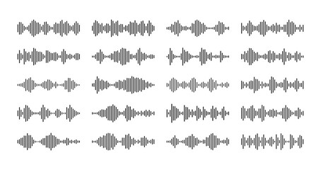 Podcast sound waves, voice soundwave, music audio. Vector set of audio player, equalizer musical pulse. Isolated monochrome vibration waveforms, tunes amplitude, song or soundtrack wavy symbols