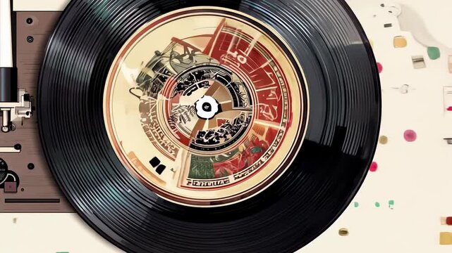 Vinyl record on a turntable with a color logo on the label retro atmosphere