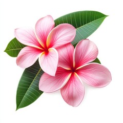 Fototapeta premium Close up of beautiful pink plumeria rubra flower with leaves on an isolated white background
