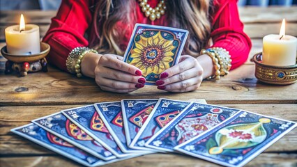 Naklejka premium Fortune Teller Female Hands Holding Tarot Cards on Wooden Table