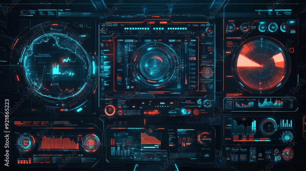 Poster sci-fi futuristic hud dashboard display for virtual reality technology. a large collection of hud an