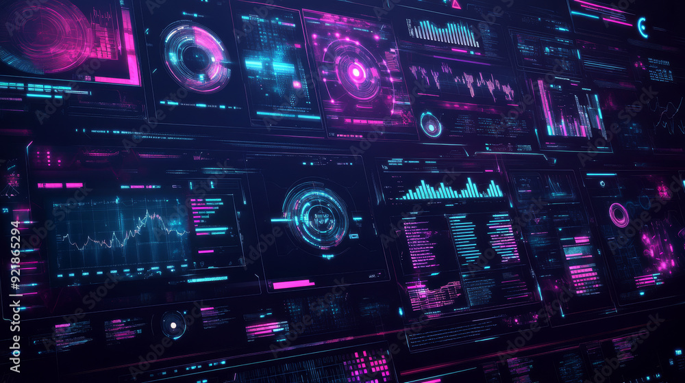 Poster sci-fi futuristic hud dashboard display for virtual reality technology. a large collection of hud an