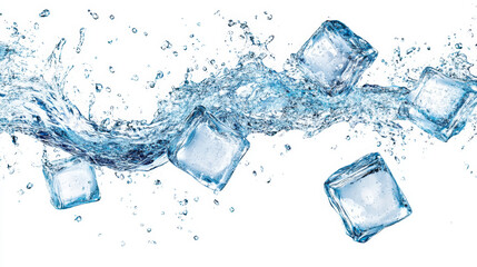 Obraz premium Ice cubes isolated on a white background, surrounded by realistic frozen ice cubes and water wave splashes. Ice cubes whirl in a liquid blue clear aqua wave, perfect for a kitchen