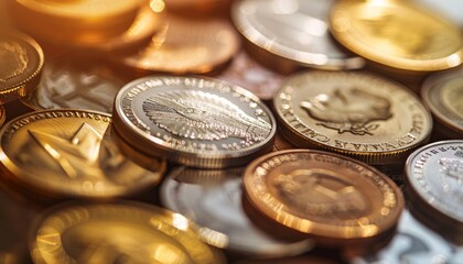 Money Coins Close-Up with Various Currencies and Blurred Background