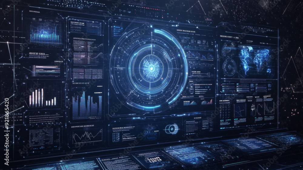 Poster sci-fi futuristic hud dashboard display for virtual reality technology. a large collection of hud an