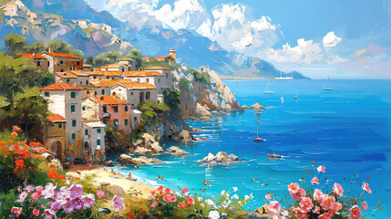 Mediterranean landscape with a small town, sea, flowers, oil painting style, summer seascape