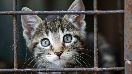A Curious Kitten Peers Through The Bars Of Its Cage