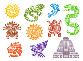 Mayan aztec totems. Mexican, inca or maya ancient civilization tribal symbols and tattoos of sun, mythology birds and animals. Eagle, turtle, god mask, lizard and pyramid, idol head, fish and snake