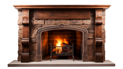 Brown burning fireplace isolated on transparent background.
