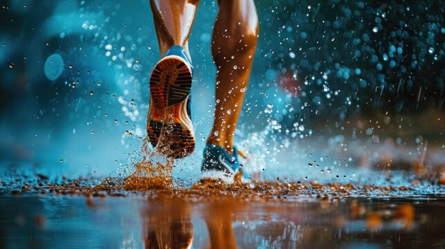 Close-up of a runner's feet running on the track in a stadium during the final turn.