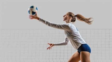 A professional female volleyball player looks determined while hitting the ball.