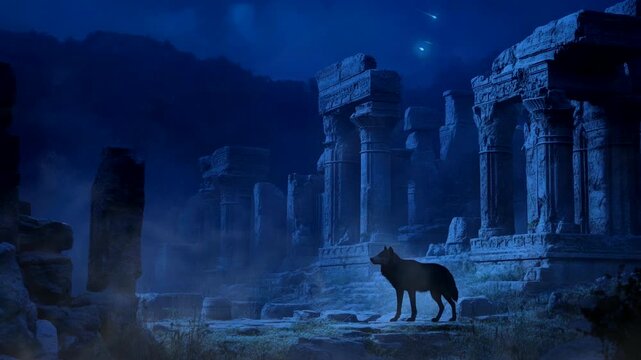 Wolf howling at the moon near ancient ruins under starry night sky. Seamless looping time-lapse video background.
