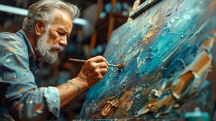 artist at work in workshop A professional artist working on a painting