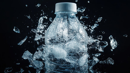 Ice explosion with a crushed bottle form, made of clean, transparent, natural ice, set against a black background. The image conveys purity and freshness, with shards of ice and droplets scattered 