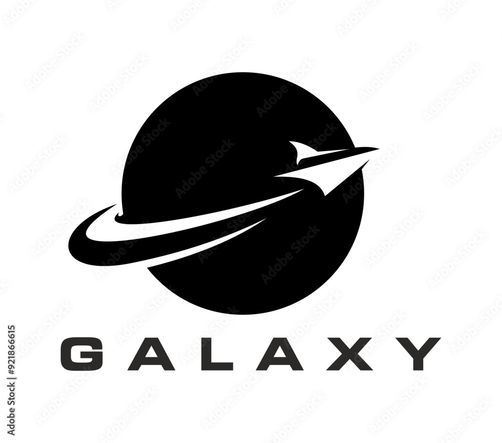 Poster spaceship, space rocket icon. isolated vector black and white emblem with shuttle on planet orbit. l
