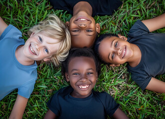 Obraz premium Closeup photo from above of three multiethnic children smiling and lying on the grass. Kids, diversity and happiness of group enjoying summer holiday at park or garden, bonding or relaxing together.
