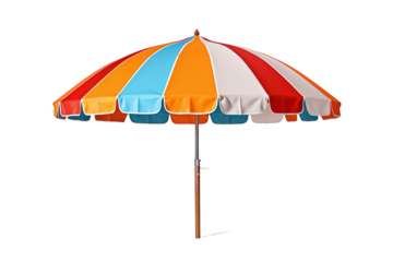 Colorful Vintage Beach Umbrella Standing Tall Against a Clear Summer Sky on White or PNG Transparent Background.