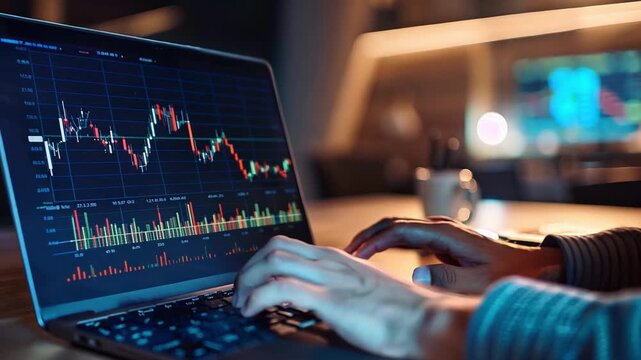Businessman using a laptop to trade stocks, illustrating online trading and investment