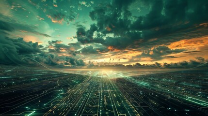 Futuristic landscape with circuit ground and data stream sky, symbolizing tech driven world