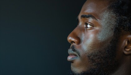 Fototapeta premium Side Portrait of African American Man Staring, Thoughtful Expression