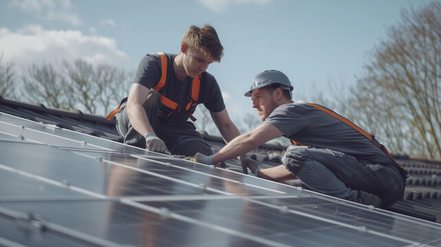 Zwei Fachkr&auml;fte bauen Solaranlage aufs Dach
