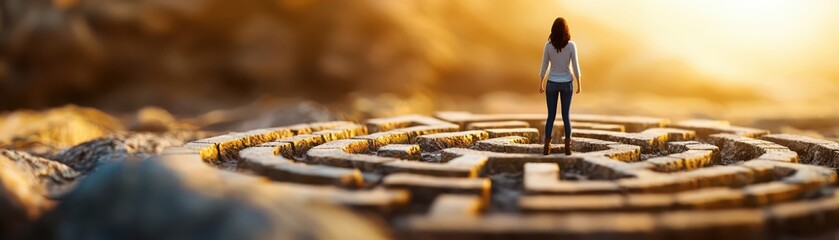 A person standing in a maze at sunset, contemplating the journey ahead with a sense of curiosity and introspection.