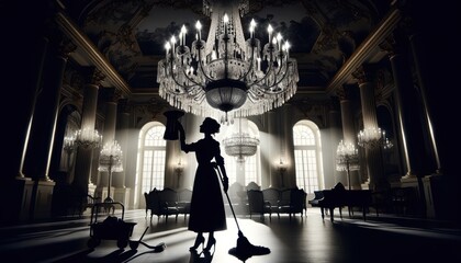 Silhouette of a maid cleaning under an ornate chandelier in a grand, opulent hall with high ceilings and luxurious decor.