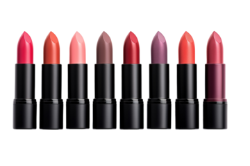 A Vibrant Array of Luxurious Lipsticks Displayed on a Polished Vanity Table in a Chic Beauty Studio on White or PNG Transparent Background.
