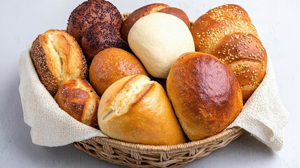 Fototapeta premium A variety of breads and rolls in a basket, Traditional Thanksgiving Bread, showcasing the different types of homemade bread served during the meal