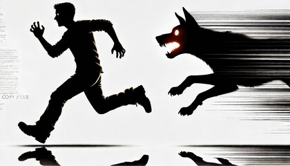 Silhouette of a person running from a fast-moving dog with glowing eyes, illustrating fear and pursuit on a dynamic background.