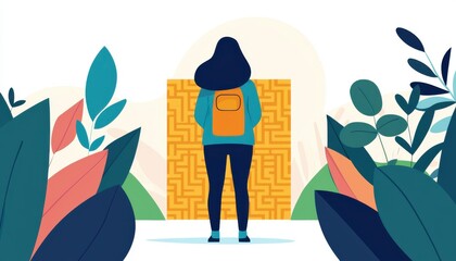 Naklejka premium A traveler stands before a maze, symbolizing exploration and challenge amidst lush greenery and vibrant foliage.