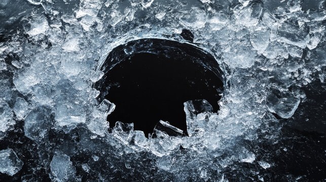 A round hole in the ice on a black background, with shards of crushed ice spreading away from the center. The image captures the contrast between the smooth, clear ice and the dark background, 