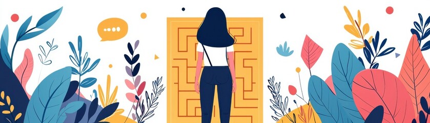 A woman stands before a maze entrance, surrounded by vibrant foliage, symbolizing choices and paths in life.