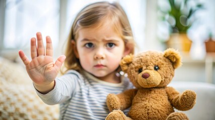 Little Girl with Teddy Bear Says Stop.