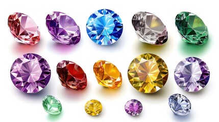 Set of colorful shiny diamond shaped gemstones, isolated on white background. Vector.