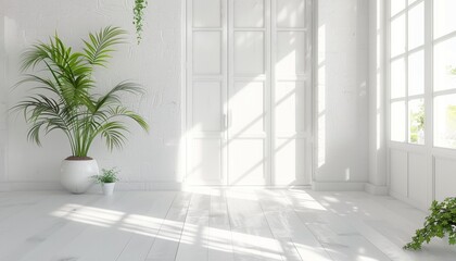 Bright and Spacious Room with White Floors and a Potted Plant by the Window, Banner with Copy Space