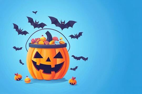 halloween poster : bucket of halloween sweets on blue background with space for text