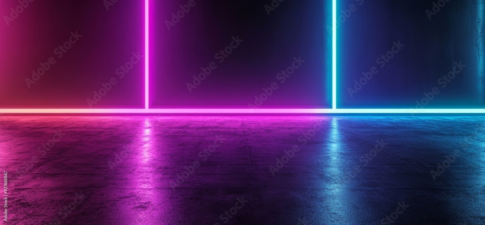 Poster 3d rendering of futuristic sci-fi abstract blue and purple neon light shapes on black background wit