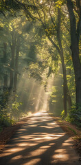 Obraz premium rays of light in the forest, generative ai