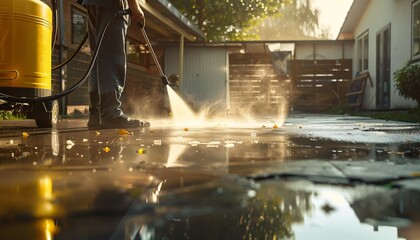 Man Using Electric Powered Pressure Washer to Clean Concrete Driveway in Suburban Area, Morning Sunshine