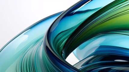 Abstract background with Curved Glass Sculpture with Striped Blue-Green Patterns on White Background. High-Resolution Detail of Modern Glass Art Featuring Complex Curves, Professional Color Grading