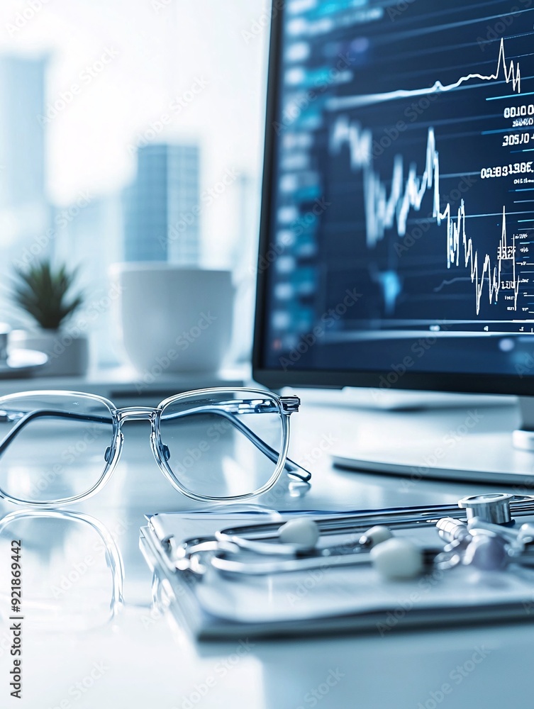 Poster a modern workspace features a computer displaying financial metrics for healthcare and biotech indus